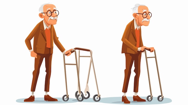 Vector elderly old man cartoon character using a walker frame in retro style