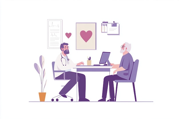 Vector elderly patient talking to doctor at desk