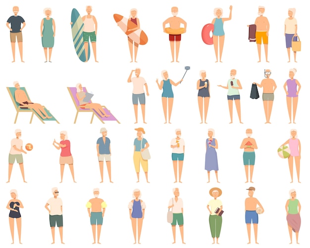 Elderly people on the beach icons set cartoon vector Active senior Age family