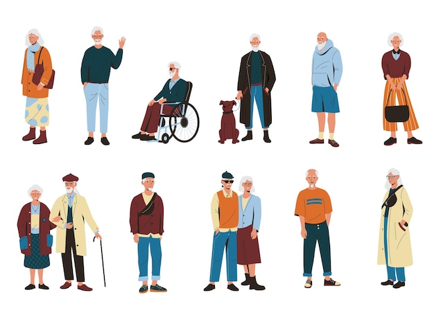 Vector elderly people cartoon old retired man woman modern mature persons wearing trendy fashion clothes active senior characters on retirement vector set