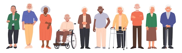 Elderly people characters set Happy seniors old men and women of different nations in full growth