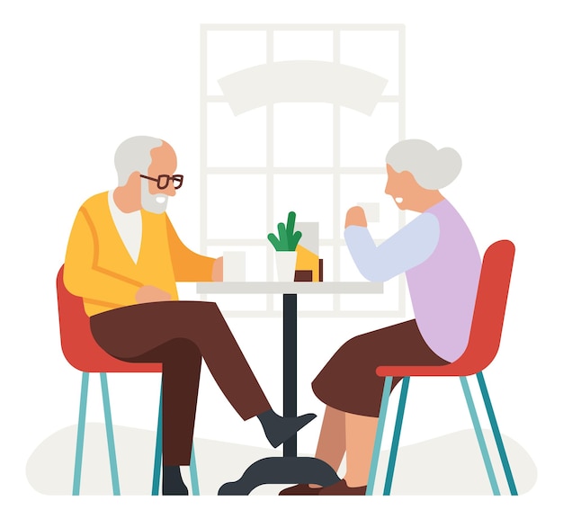 Elderly people drinking tea Old couple sitting at table and talking