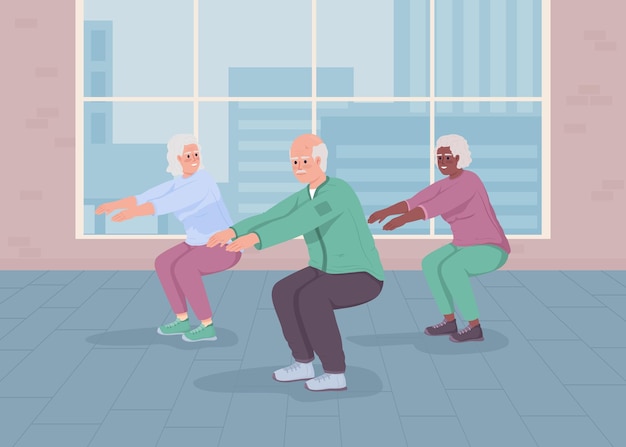 Elderly people exercising flat color vector illustration