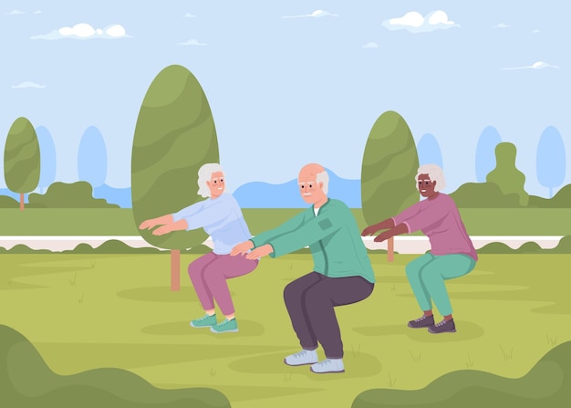 Elderly people exercising outside flat color vector illustration