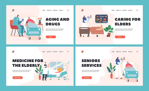 Elderly People Hospitalization Landing Page Template Set Senior Diseased Male Female Characters Lying in Bed at Clinic Chamber with Doctors or Nurses Care and Treatment Cartoon Vector Illustration