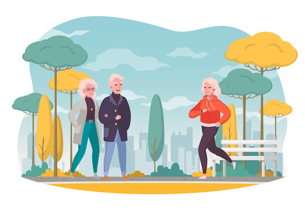 Elderly people outdoor cartoon composition with walking couple active senior woman jogging in autumn cityscape