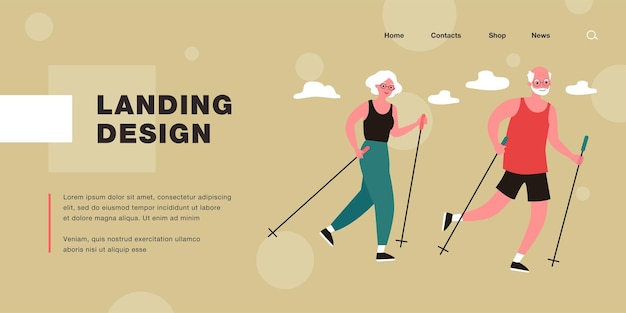 Elderly people practicing Nordic walking. Flat vector illustration. Elderly man and woman in tracksuits with sticks leading healthy lifestyle. Sports, activity, retirement, health, hiking concept