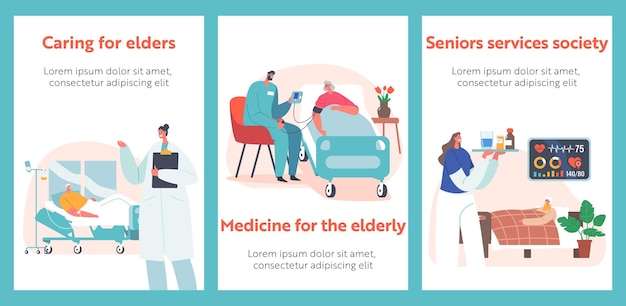 Elderly People Services Hospitalization Medical Banners Senior Diseased Male and Female Characters Lying in Bed at Clinic Chamber with Doctors or Nurses Care and Treatment Cartoon Vector Posters