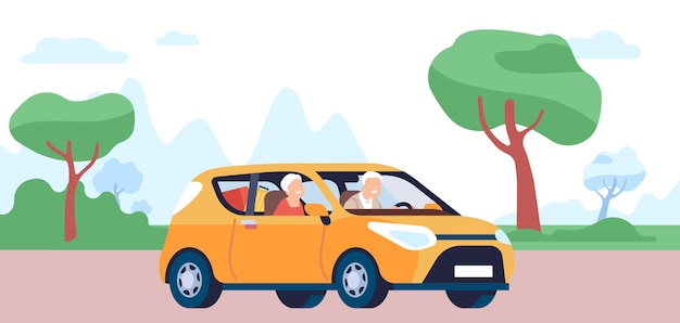 Elderly people traveling by car Senior family road trip Grandparent driving automobile Adventure journey Auto tourism Mountain landscape Summer outdoor vacation Vector concept