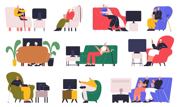 Elderly people watching tv, old characters resting on couch. Senior people watching tv set sitting on couch vector illustration set