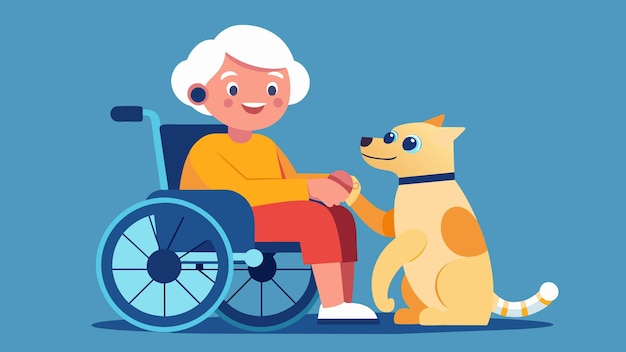 An elderly person sitting in a wheelchair happily petting a robotic therapy animal that brings them