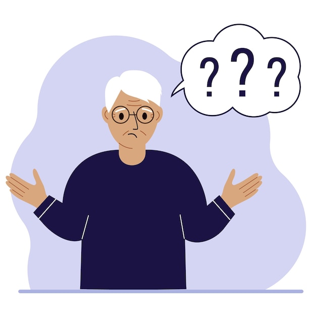 Elderly sad and upset grandfather thinks and empty thought, speech bubble. Hands are spread apart. Place for your text. Vector flat illustration