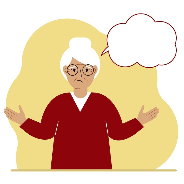 Elderly sad and upset grandmother thinks and empty thought, speech bubble. Hands are spread apart. Place for your text.