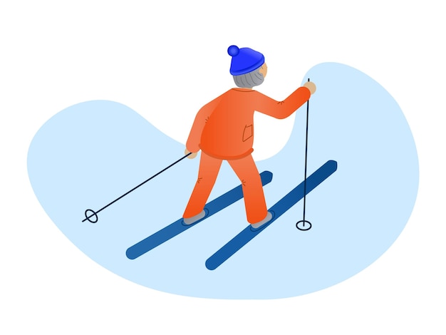 Elderly winter sport Vector Illustration Pensioner skiing in winter Grandmother health