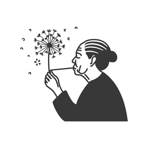 Vector elderly woman blowing on dandelion seeds