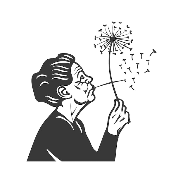 Vector elderly woman blowing on dandelion seeds