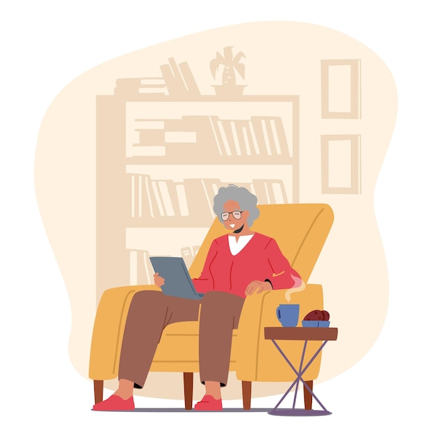 Elderly Woman Character with Device Happy Senior Lady with Grey Hair and Eyeglasses Sitting on Sofa with Tablet Pc