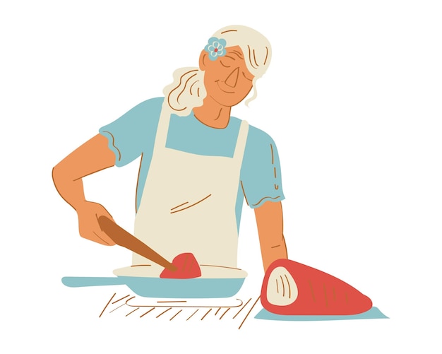 Elderly woman cooking meat in the kitchen Flat vector illustration