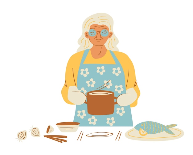 Vector elderly woman cooking soup vector illustration in flat style