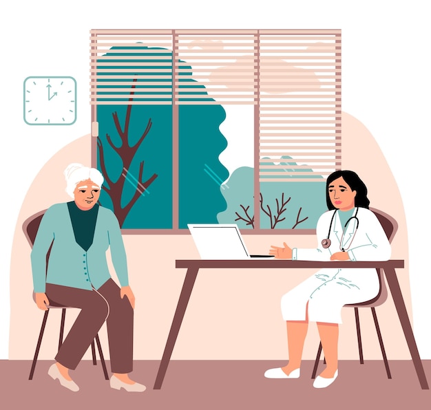 Elderly woman at a doctor's appointment Doctor therapist consultation Vector