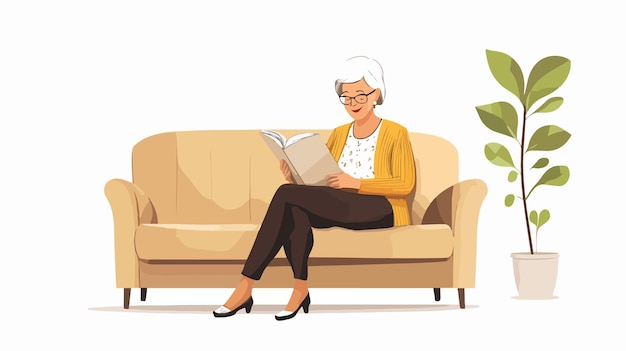 Elderly woman enjoying leisure time while reading a magazine