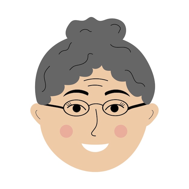 Elderly woman face with glasses in doodle style Colorful avatar of grayhaired woman