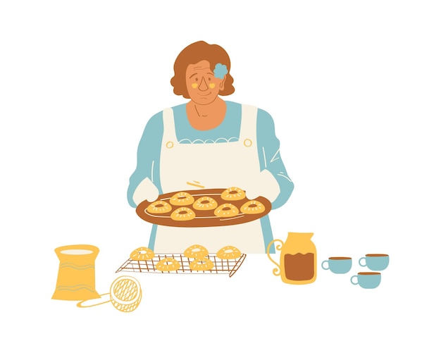 Elderly woman holding a tray with cookies Vector illustration