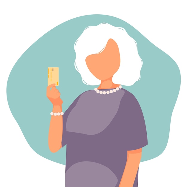 Elderly woman holds debit card in her hand Vector illustration Payment by credit card