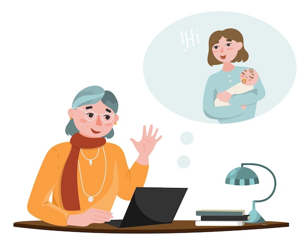 An elderly woman is sitting at a table and calling through her daughter's laptop, who has a child. Video communication. Cartoon-style illustration on a white background.