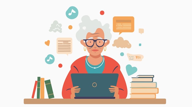 Vector elderly woman learning with laptop