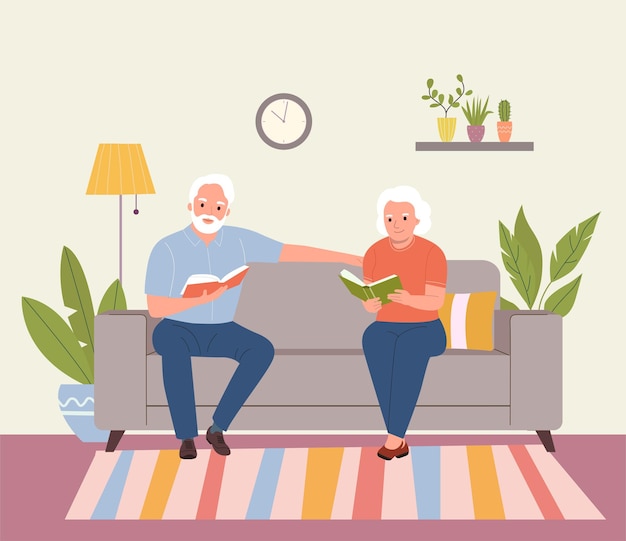 Elderly woman and man sitting on the sofa with books at living room Vector flat style illustration