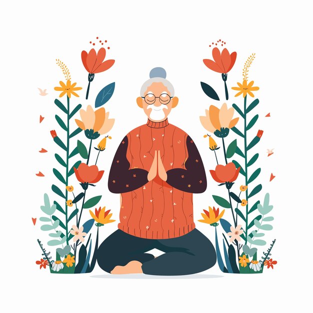 Vector elderly woman practicing meditation surrounded colorful flowers senior citizen peaceful pose eyes