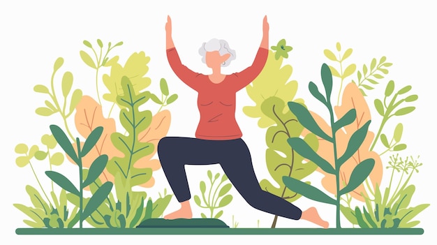 Vector elderly woman practicing yoga in nature serene outdoor yoga meditation session