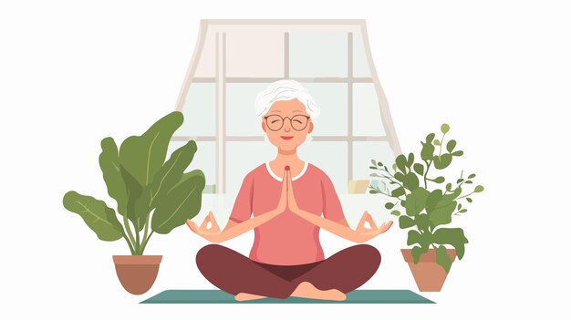 Vector elderly woman practicing yoga while sitting