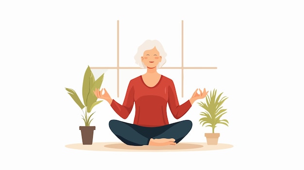 Vector elderly woman practicing yoga while sitting