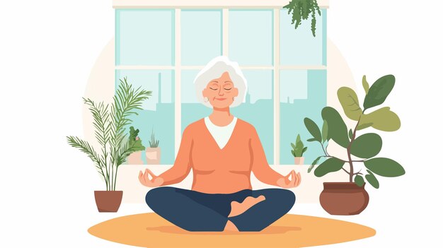 Vector elderly woman practicing yoga while sitting