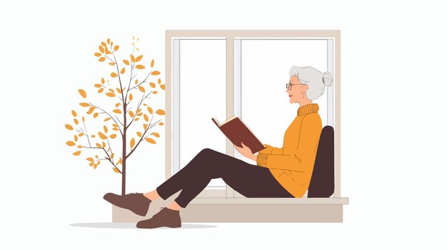 Vector elderly woman reading book from side view