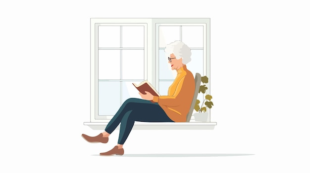 Elderly Woman Reading Book from Side View