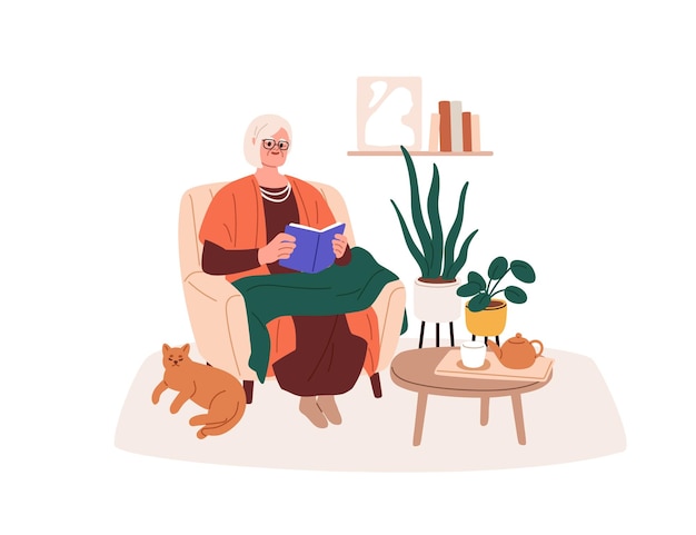 Elderly woman reading book, sitting in cozy armchair. Old female character, granny reader with novel. Senior lady in comfortable chair at leisure. Flat vector illustration isolated on white background