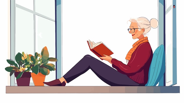 Vector elderly woman reading book while sitting side view