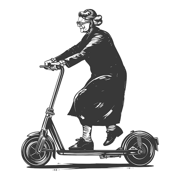 Vector elderly woman riding electric scooter with engraving style