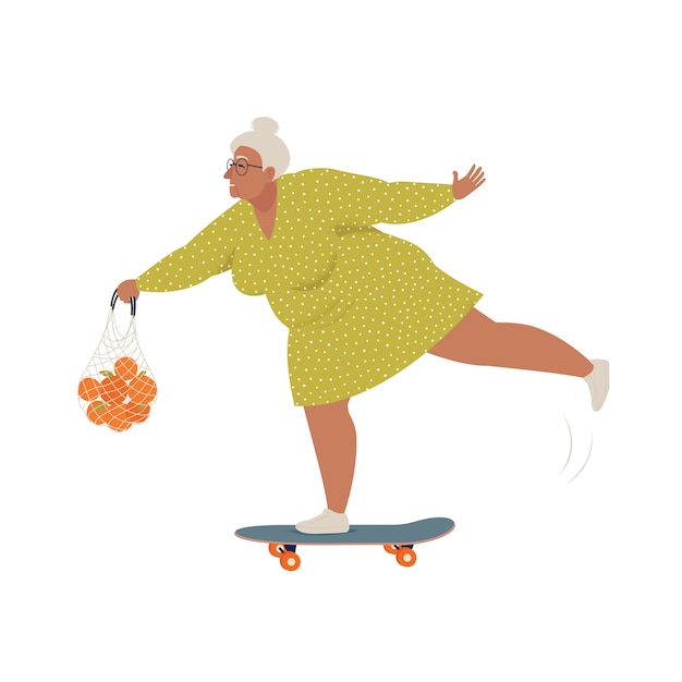 Elderly woman riding skateboard or longboard with shopping string bag