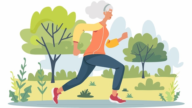 Vector elderly woman running in the park for healthy lifestyle