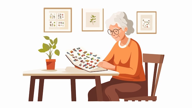 Elderly woman solving puzzle in book while seated