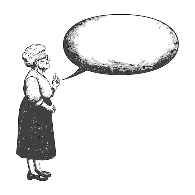 elderly woman stick figure speech bubble with engraving style