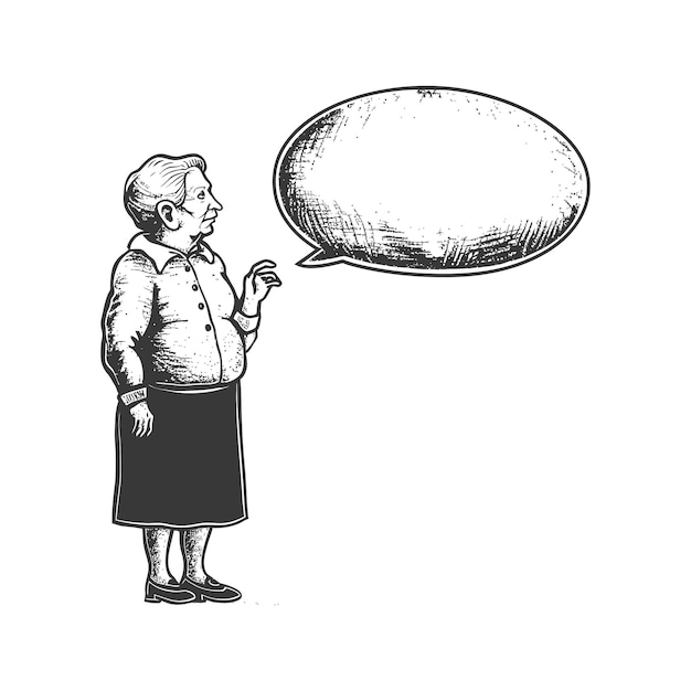 elderly woman stick figure speech bubble with engraving style