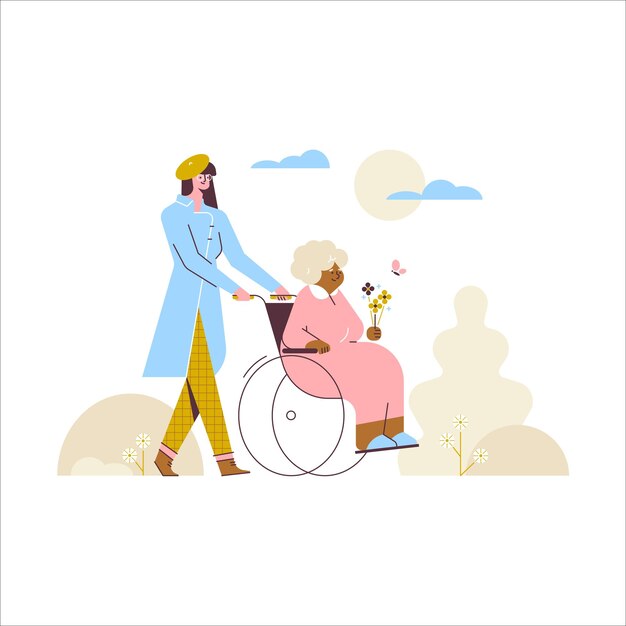 Vector elderly woman in a wheelchair with a caregiver vector illustration