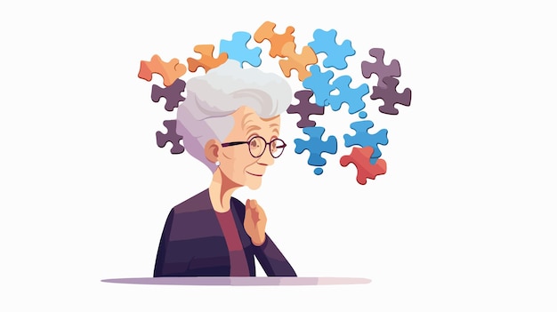 Vector elderly woman with alzheimers disease dementia and aging concept