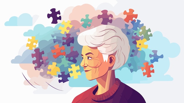 Vector elderly woman with alzheimers disease dementia and aging concept