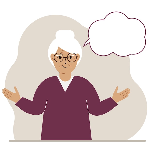 Elderly woman with a smile thinks and empty thoughts, speech bubble. Granny spread his arms to the sides. Place for your text.